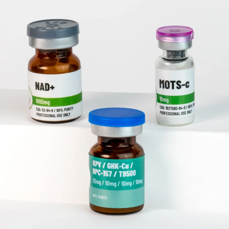 Vials of NAD+, MOTS-c, and KLOW peptides